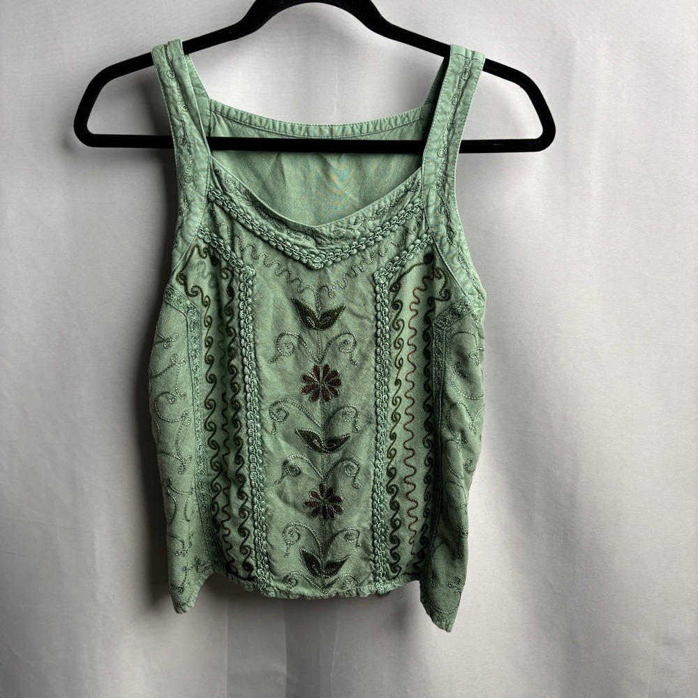 Green Embroidered Floral Boho Tank Top Back Tie Square Neck Sleeveless Fairy